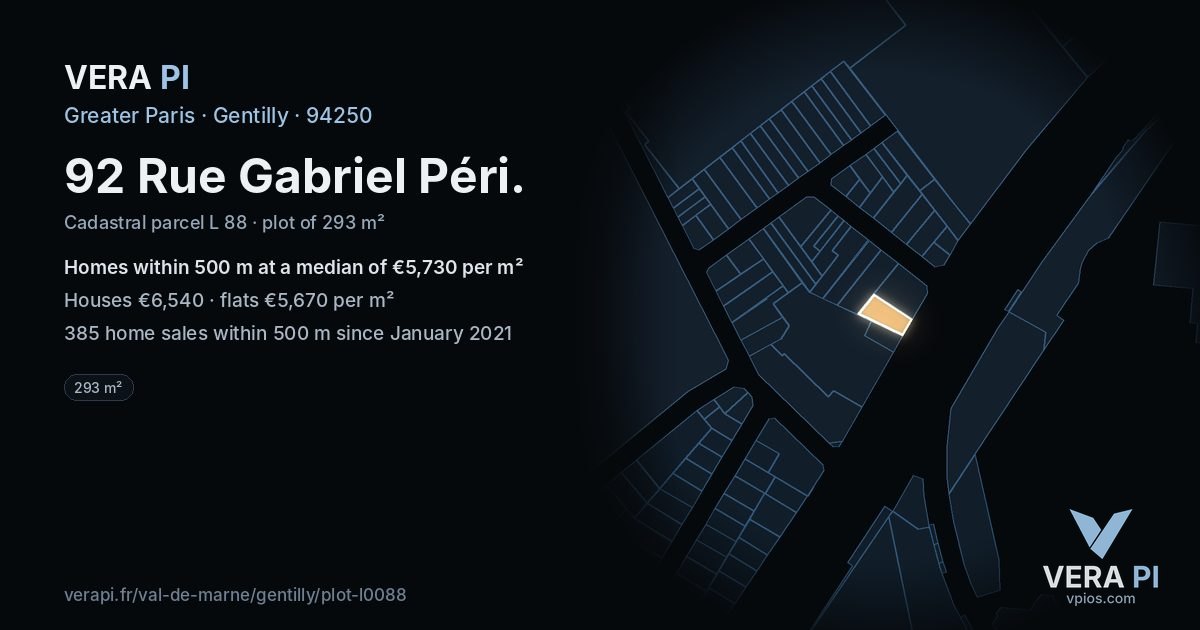 92 Rue Gabriel Péri, Gentilly at night – the plot lit, the parcels around coloured by the prices near them
