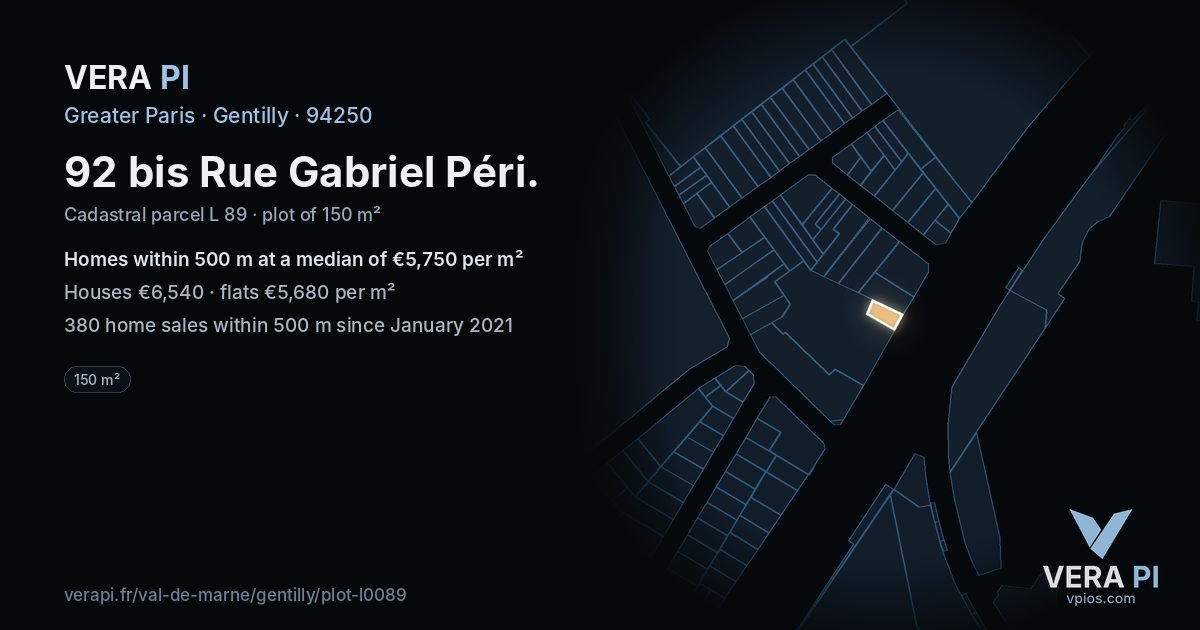 92 bis Rue Gabriel Péri, Gentilly at night – the plot lit, the parcels around coloured by the prices near them
