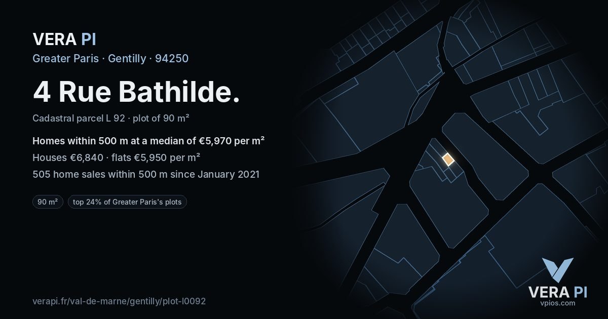 4 Rue Bathilde, Gentilly at night – the plot lit, the parcels around coloured by the prices near them