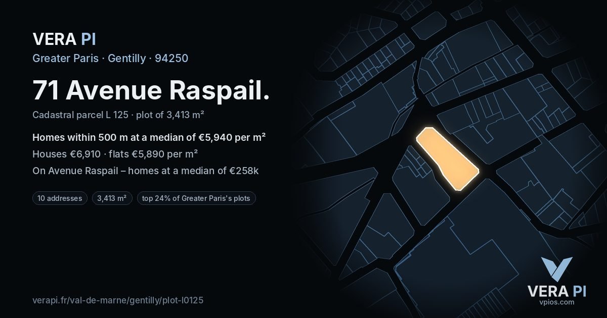 71 Avenue Raspail, Gentilly at night – the plot lit, the parcels around coloured by the prices near them
