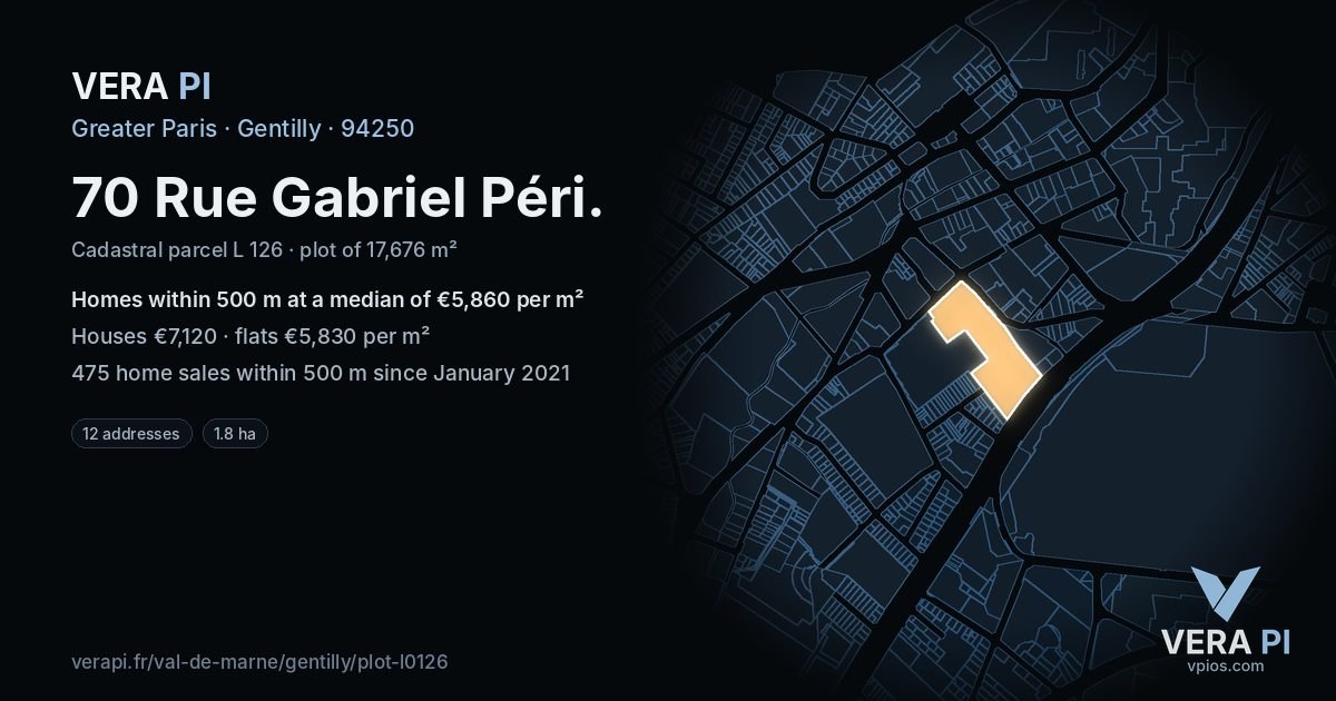 70 Rue Gabriel Péri, Gentilly at night – the plot lit, the parcels around coloured by the prices near them