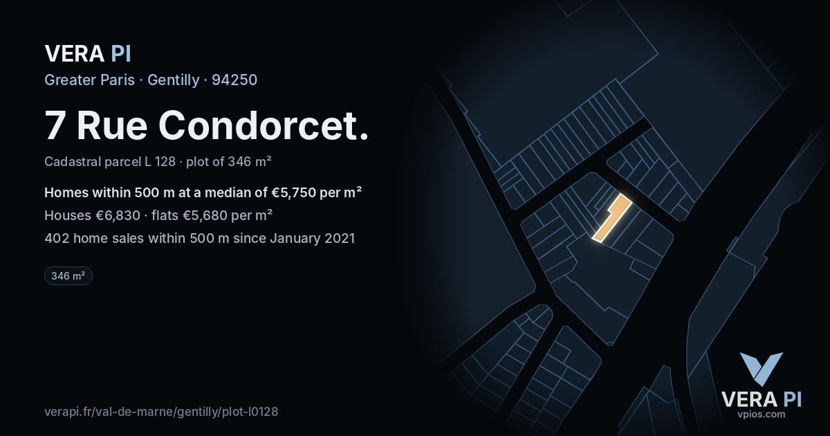 7 Rue Condorcet, Gentilly at night – the plot lit, the parcels around coloured by the prices near them