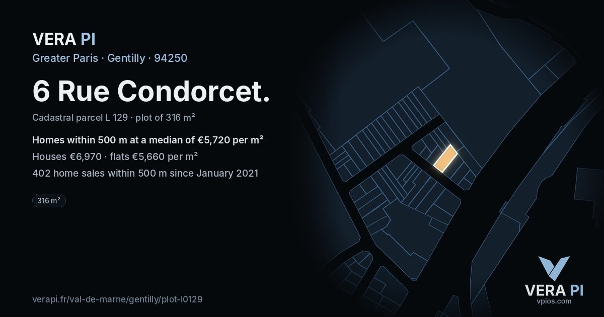 6 Rue Condorcet, Gentilly at night – the plot lit, the parcels around coloured by the prices near them