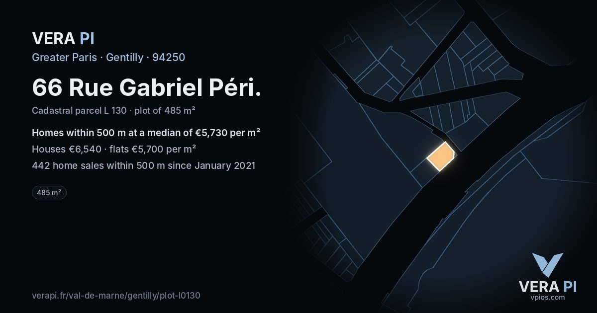 66 Rue Gabriel Péri, Gentilly at night – the plot lit, the parcels around coloured by the prices near them