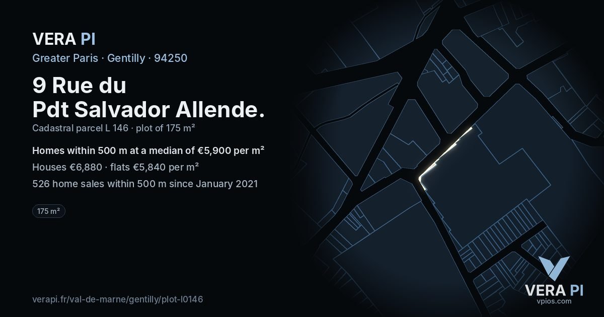 9 Rue du Pdt Salvador Allende, Gentilly at night – the plot lit, the parcels around coloured by the prices near them