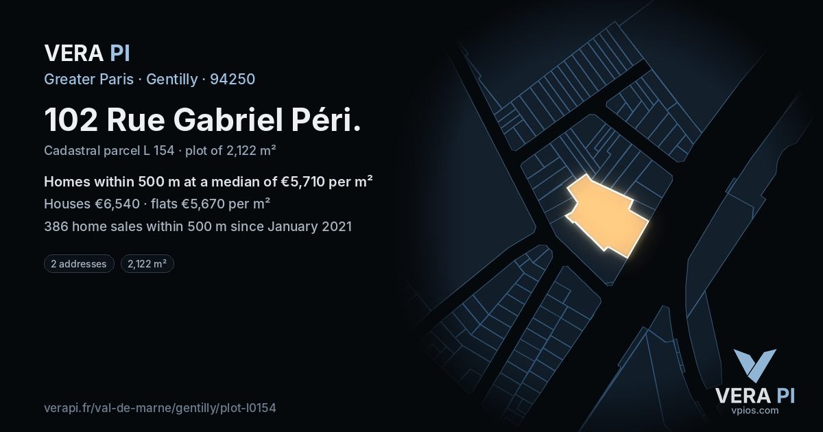102 Rue Gabriel Péri, Gentilly at night – the plot lit, the parcels around coloured by the prices near them