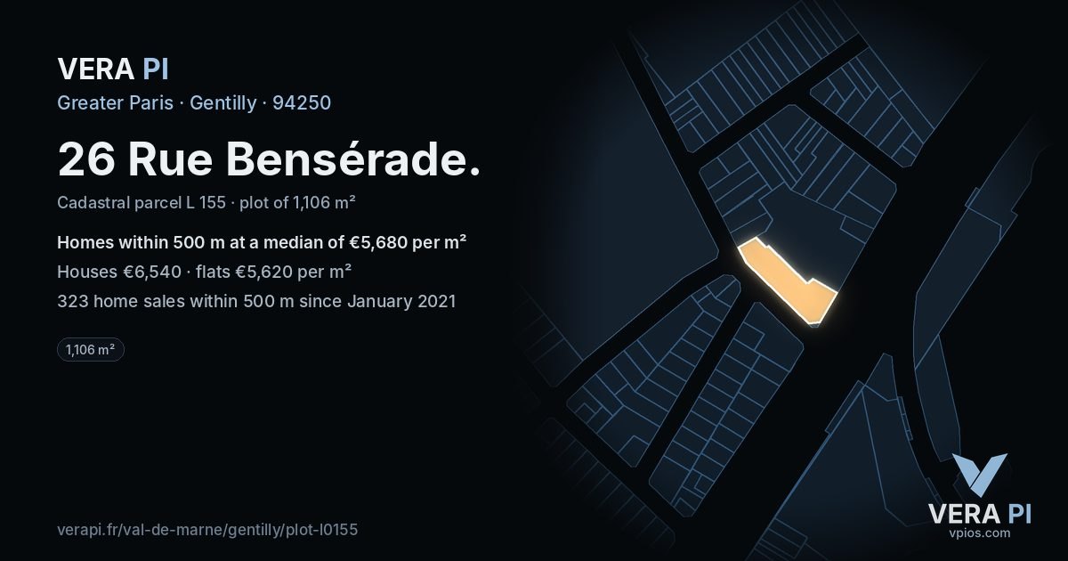 26 Rue Bensérade, Gentilly at night – the plot lit, the parcels around coloured by the prices near them