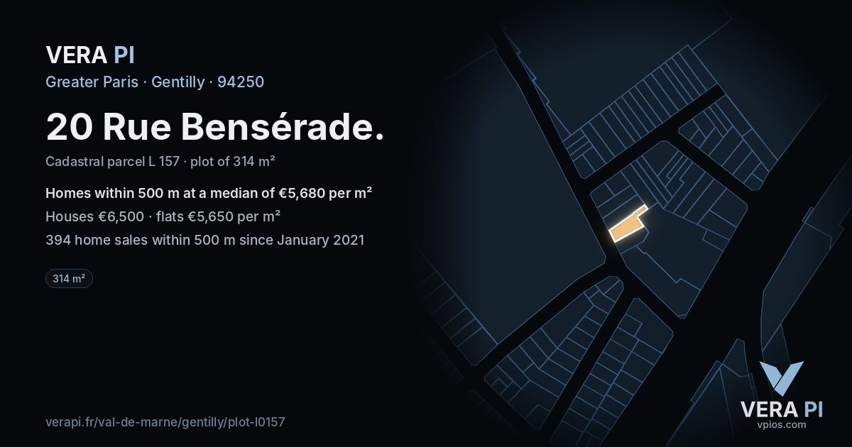 20 Rue Bensérade, Gentilly at night – the plot lit, the parcels around coloured by the prices near them