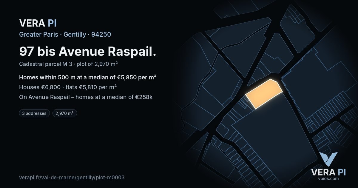 97 bis Avenue Raspail, Gentilly at night – the plot lit, the parcels around coloured by the prices near them