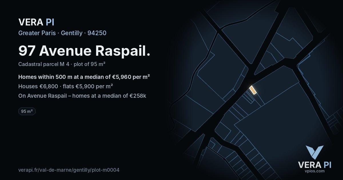 97 Avenue Raspail, Gentilly at night – the plot lit, the parcels around coloured by the prices near them