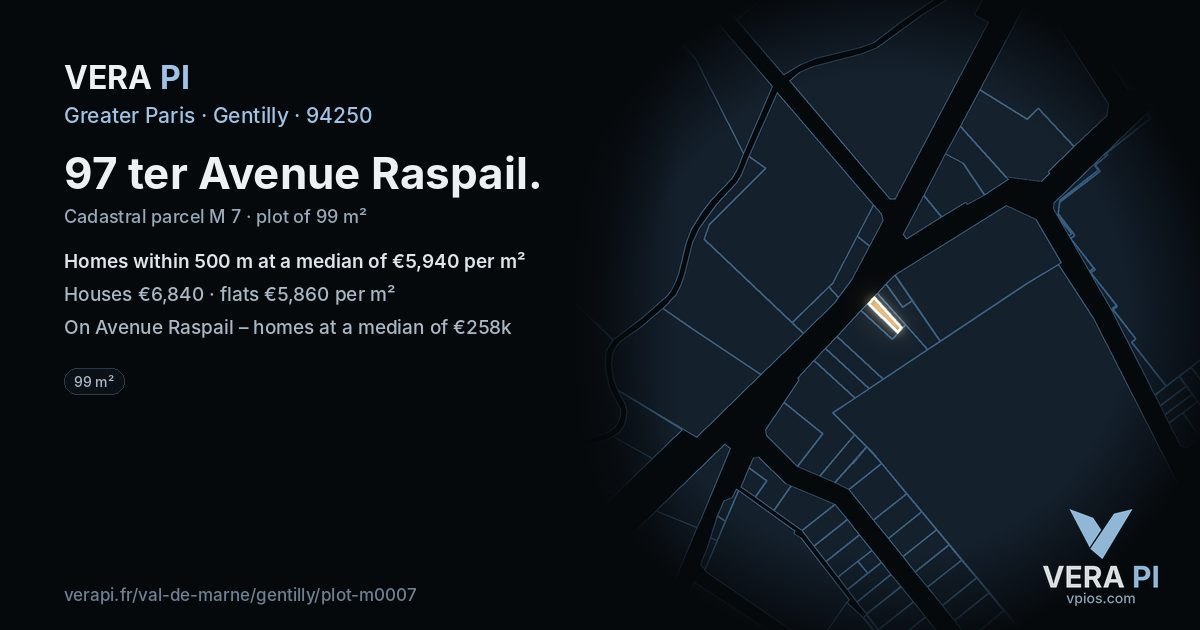 97 ter Avenue Raspail, Gentilly at night – the plot lit, the parcels around coloured by the prices near them
