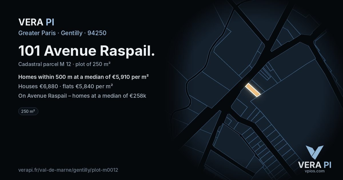 101 Avenue Raspail, Gentilly at night – the plot lit, the parcels around coloured by the prices near them