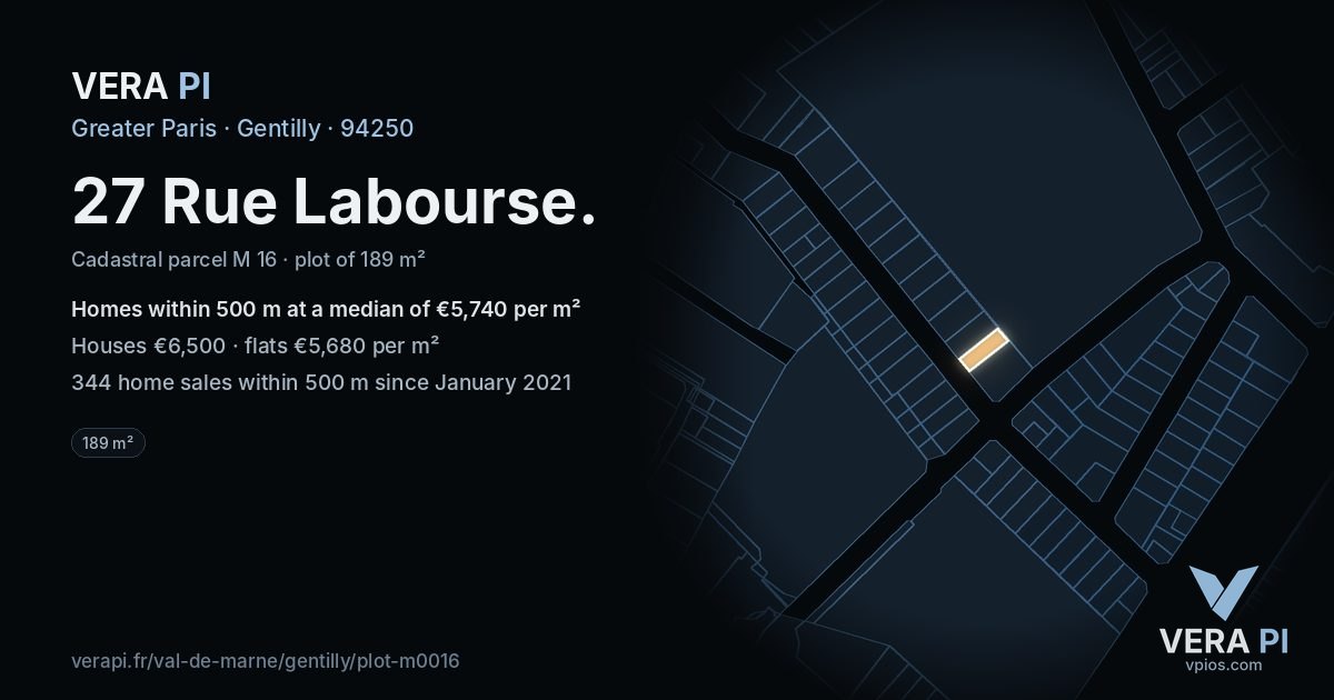 27 Rue Labourse, Gentilly at night – the plot lit, the parcels around coloured by the prices near them