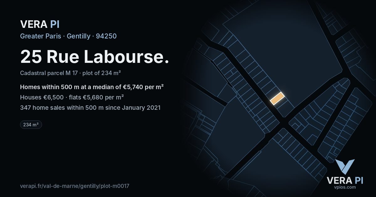 25 Rue Labourse, Gentilly at night – the plot lit, the parcels around coloured by the prices near them