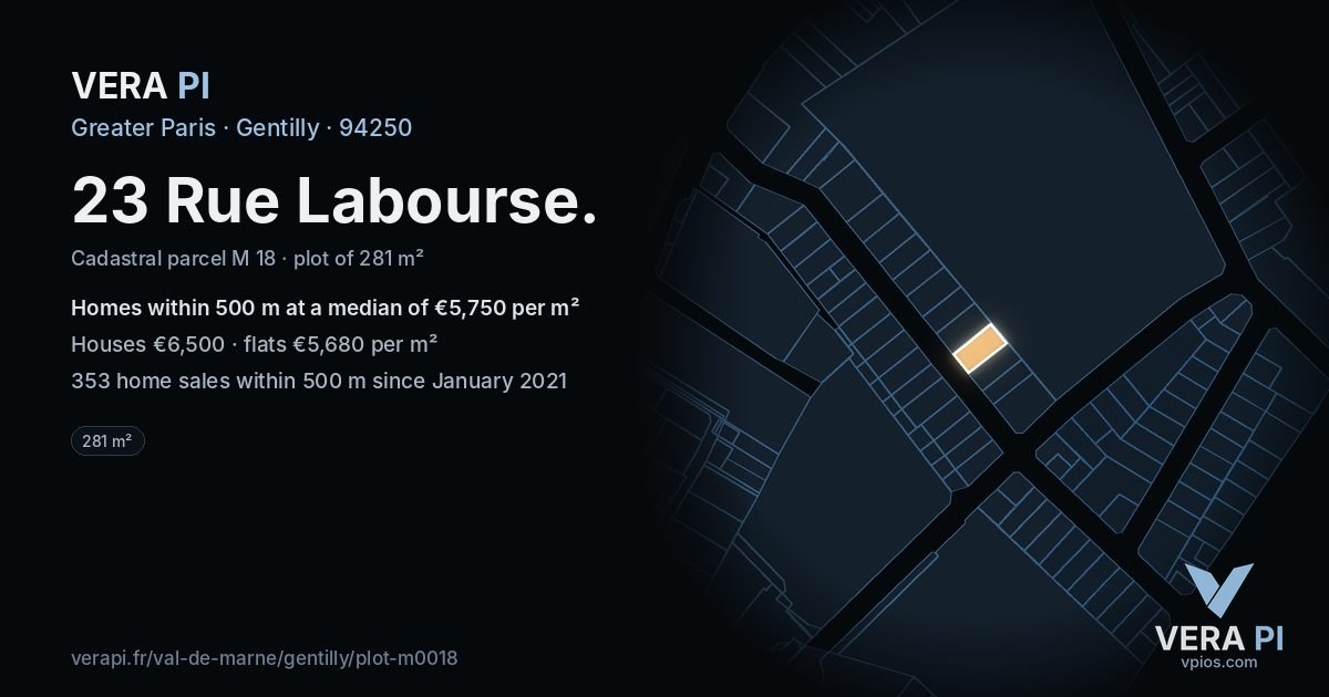 23 Rue Labourse, Gentilly at night – the plot lit, the parcels around coloured by the prices near them