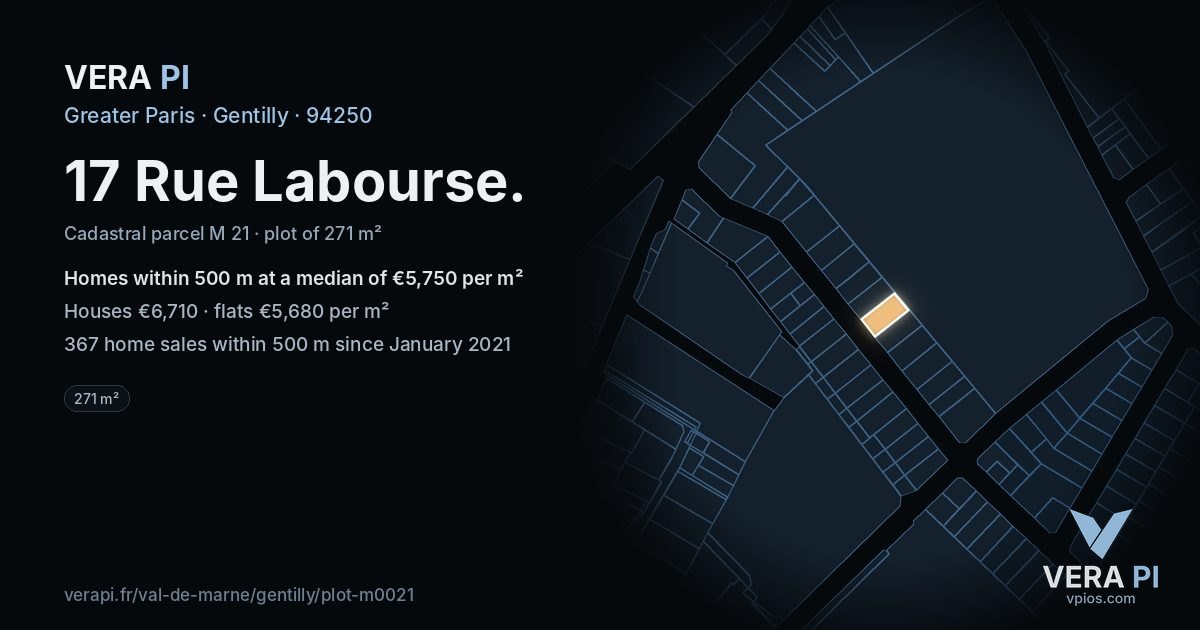 17 Rue Labourse, Gentilly at night – the plot lit, the parcels around coloured by the prices near them