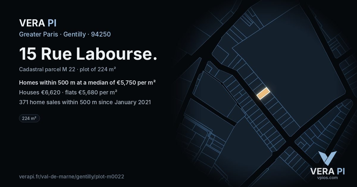 15 Rue Labourse, Gentilly at night – the plot lit, the parcels around coloured by the prices near them