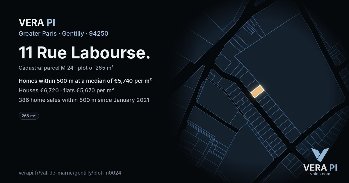 11 Rue Labourse, Gentilly at night – the plot lit, the parcels around coloured by the prices near them