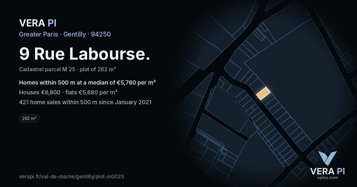 9 Rue Labourse, Gentilly at night – the plot lit, the parcels around coloured by the prices near them
