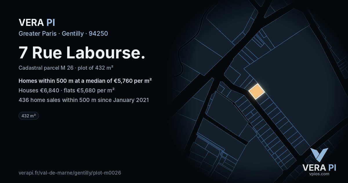 7 Rue Labourse, Gentilly at night – the plot lit, the parcels around coloured by the prices near them