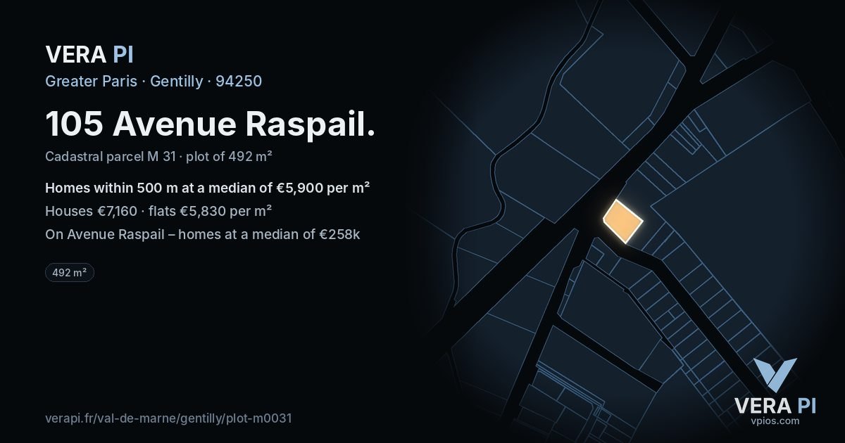 105 Avenue Raspail, Gentilly at night – the plot lit, the parcels around coloured by the prices near them
