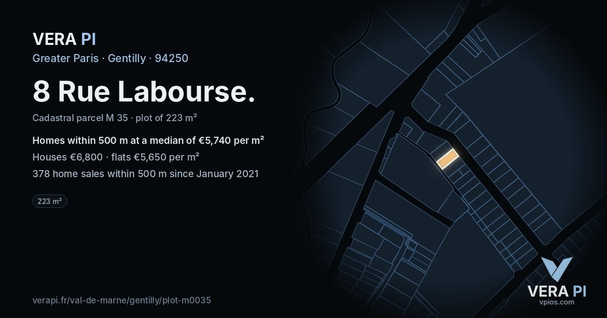 8 Rue Labourse, Gentilly at night – the plot lit, the parcels around coloured by the prices near them
