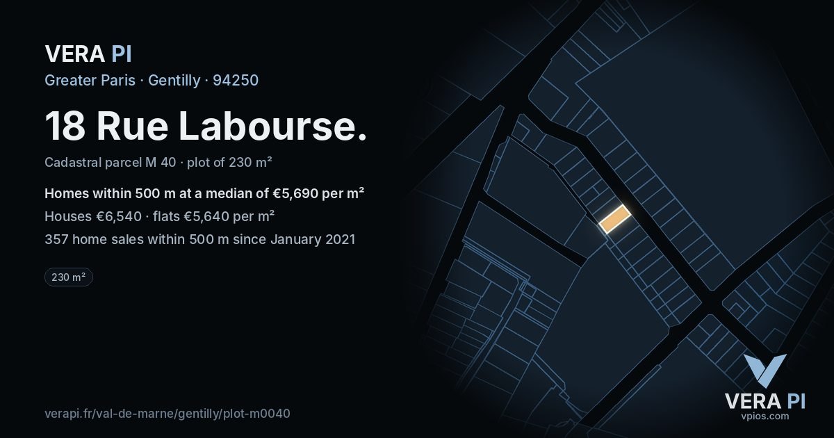 18 Rue Labourse, Gentilly at night – the plot lit, the parcels around coloured by the prices near them