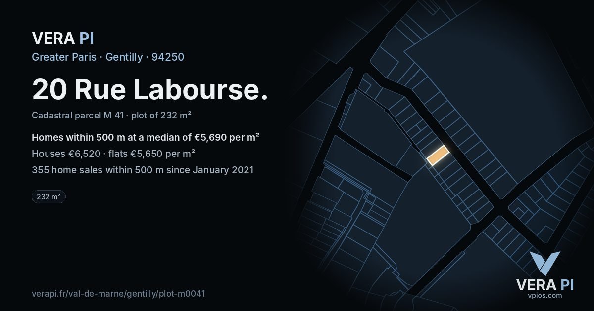 20 Rue Labourse, Gentilly at night – the plot lit, the parcels around coloured by the prices near them