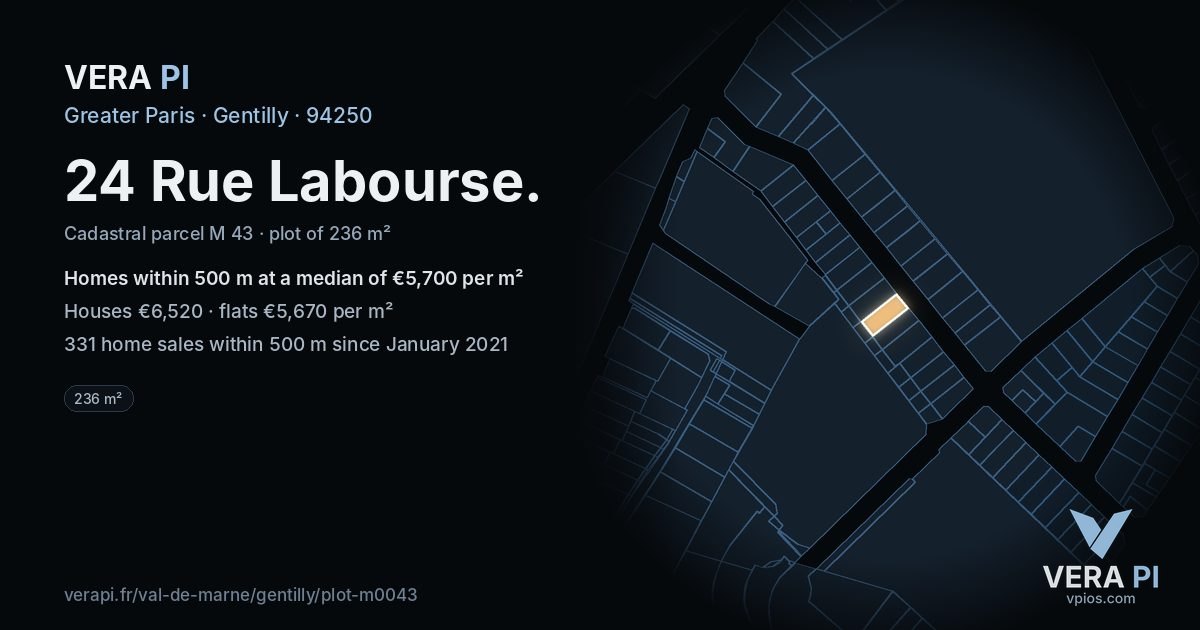 24 Rue Labourse, Gentilly at night – the plot lit, the parcels around coloured by the prices near them