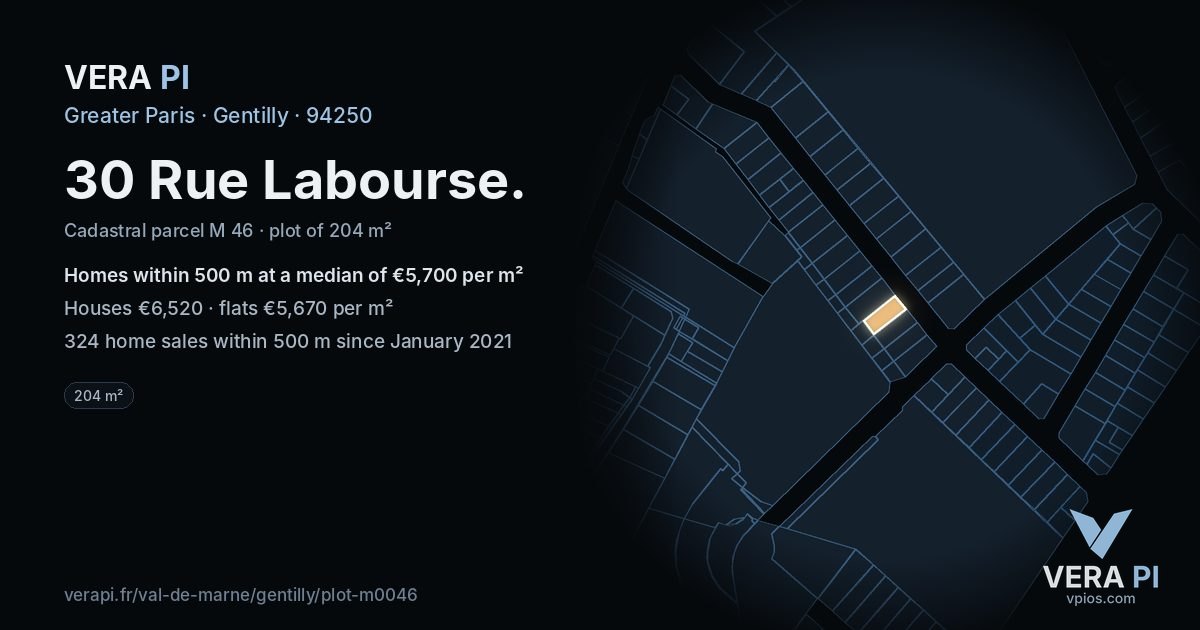 30 Rue Labourse, Gentilly at night – the plot lit, the parcels around coloured by the prices near them