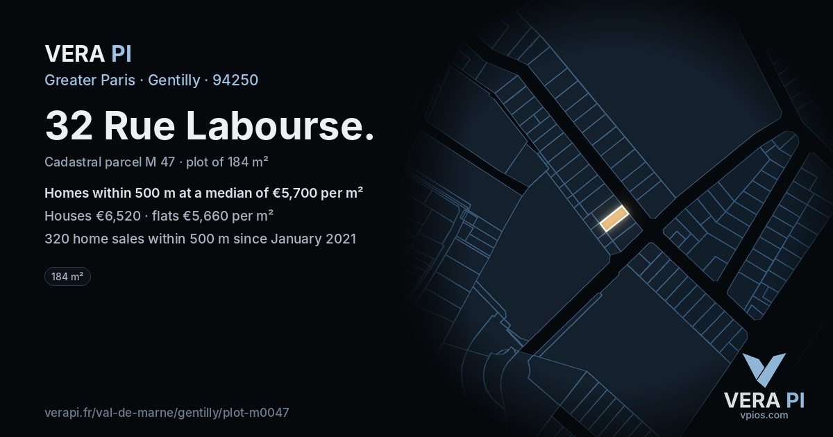 32 Rue Labourse, Gentilly at night – the plot lit, the parcels around coloured by the prices near them