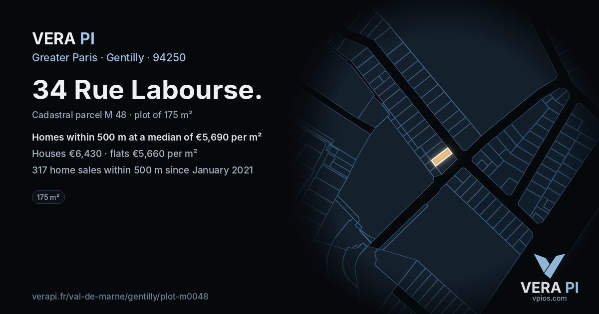 34 Rue Labourse, Gentilly at night – the plot lit, the parcels around coloured by the prices near them