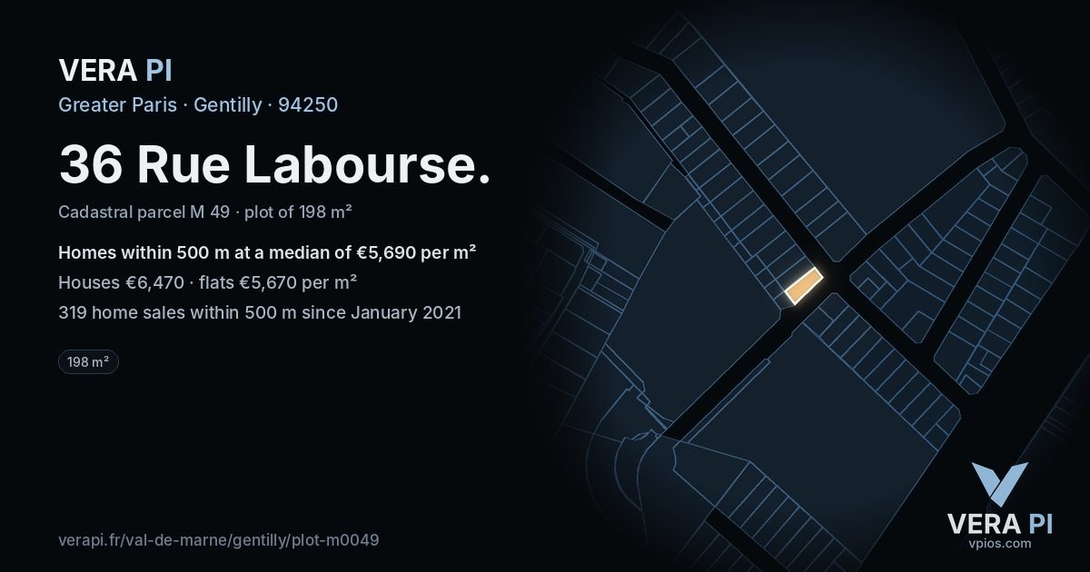 36 Rue Labourse, Gentilly at night – the plot lit, the parcels around coloured by the prices near them