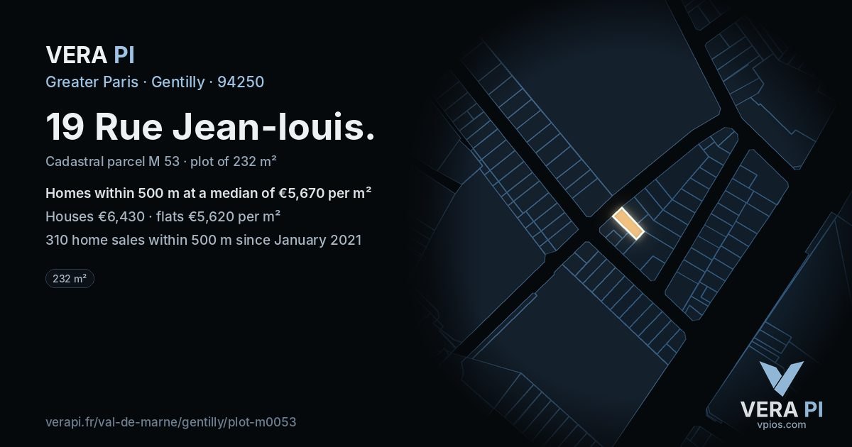 19 Rue Jean-louis, Gentilly at night – the plot lit, the parcels around coloured by the prices near them