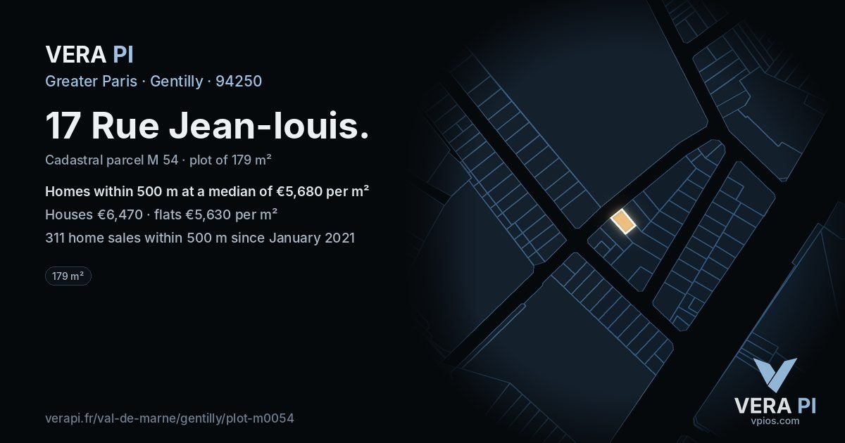 17 Rue Jean-louis, Gentilly at night – the plot lit, the parcels around coloured by the prices near them
