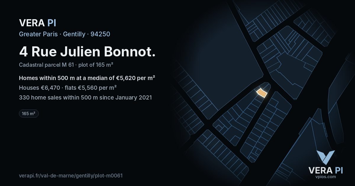 4 Rue Julien Bonnot, Gentilly at night – the plot lit, the parcels around coloured by the prices near them