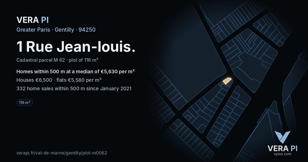 1 Rue Jean-louis, Gentilly at night – the plot lit, the parcels around coloured by the prices near them