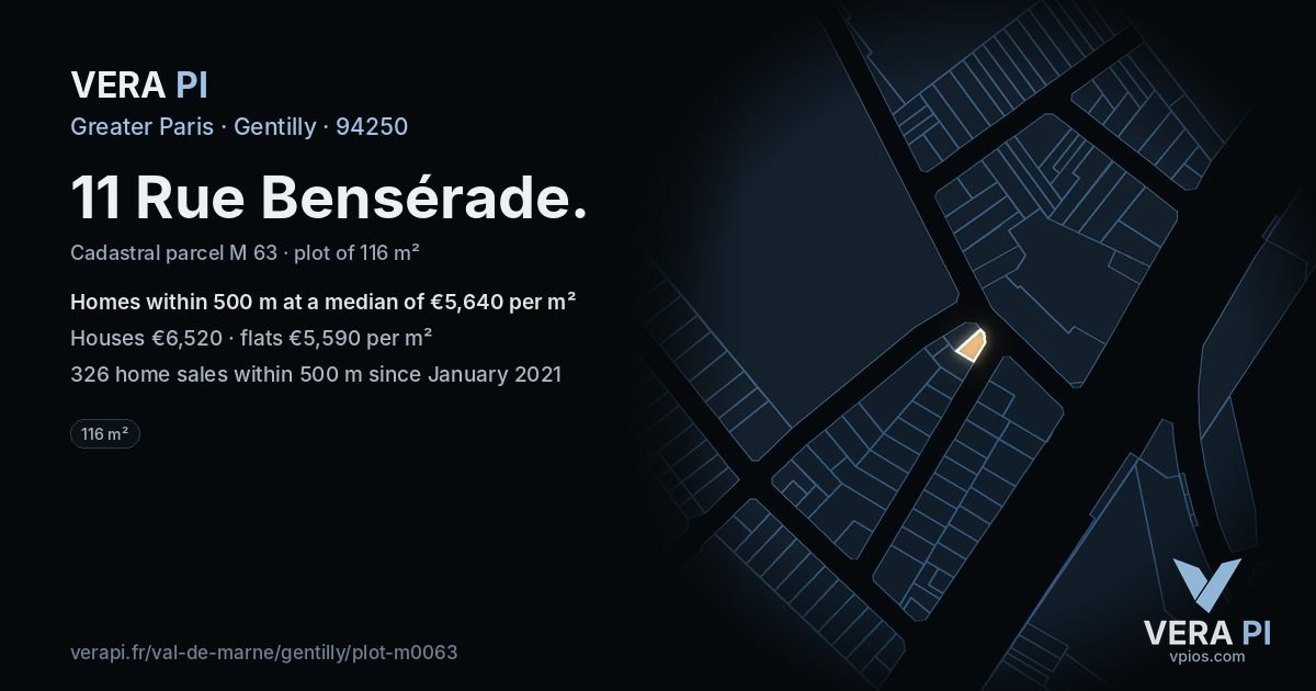 11 Rue Bensérade, Gentilly at night – the plot lit, the parcels around coloured by the prices near them