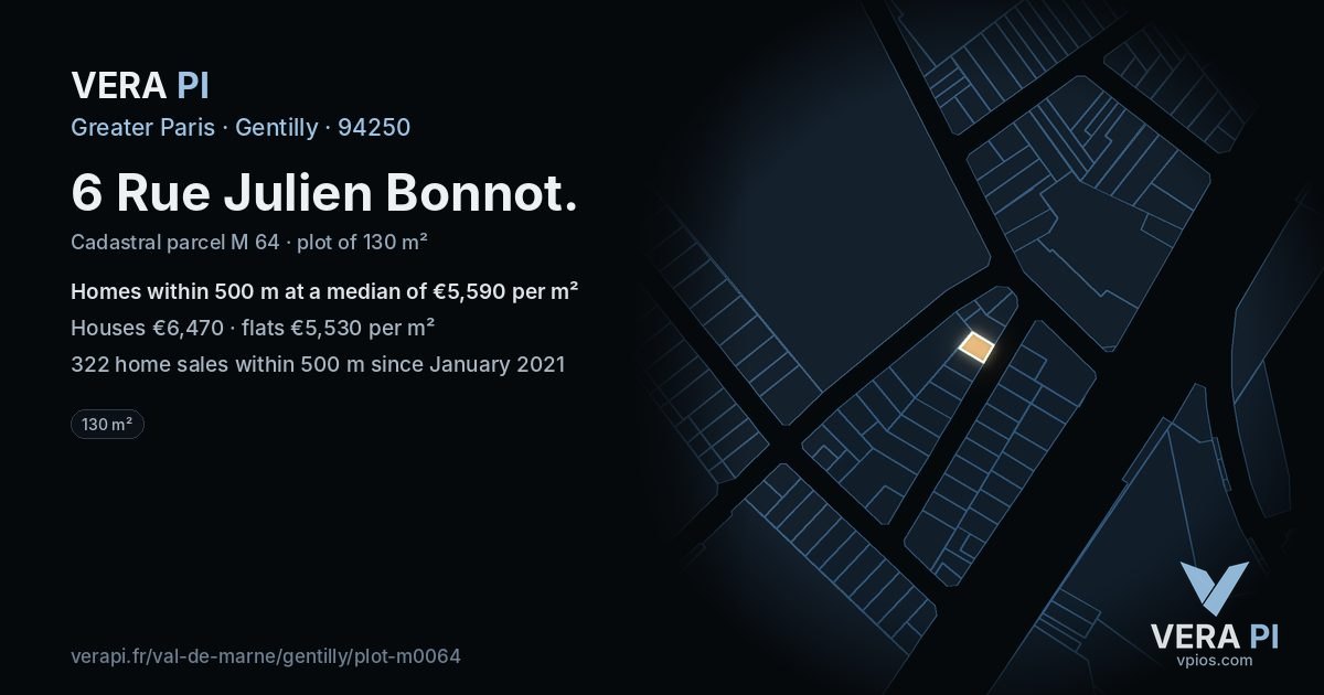 6 Rue Julien Bonnot, Gentilly at night – the plot lit, the parcels around coloured by the prices near them