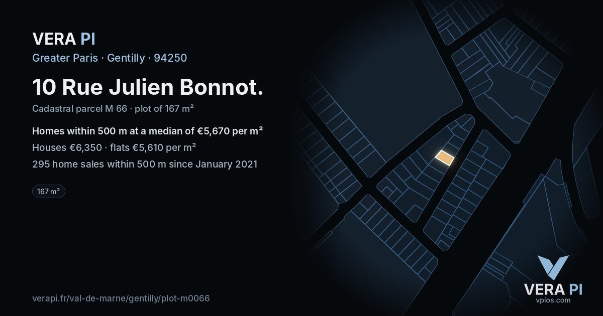 10 Rue Julien Bonnot, Gentilly at night – the plot lit, the parcels around coloured by the prices near them
