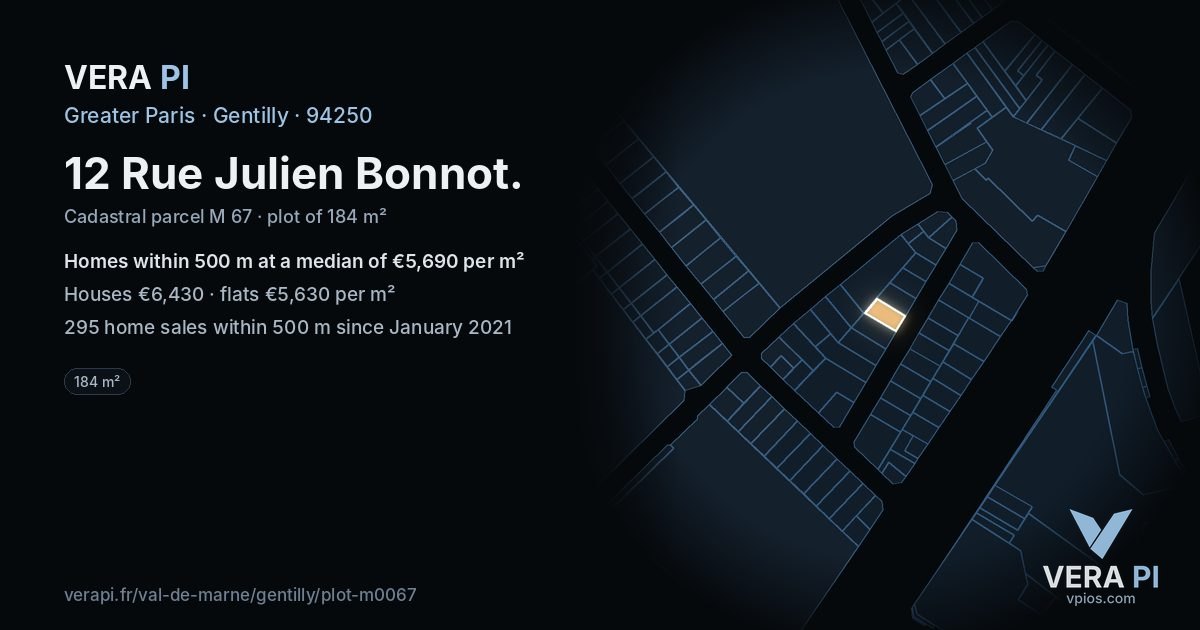 12 Rue Julien Bonnot, Gentilly at night – the plot lit, the parcels around coloured by the prices near them