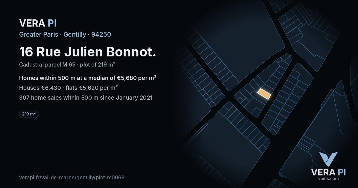 16 Rue Julien Bonnot, Gentilly at night – the plot lit, the parcels around coloured by the prices near them