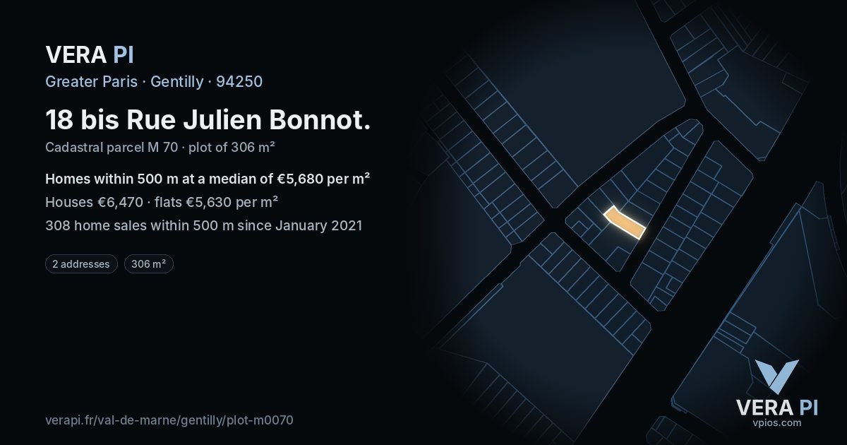 18 bis Rue Julien Bonnot, Gentilly at night – the plot lit, the parcels around coloured by the prices near them