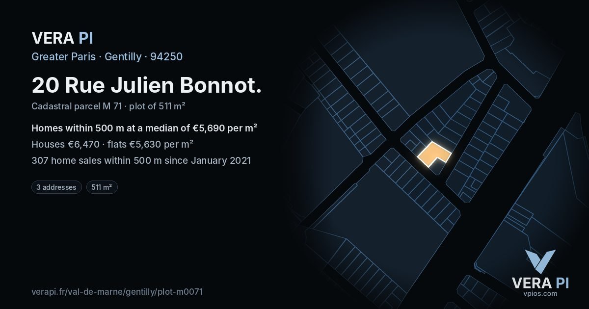 20 Rue Julien Bonnot, Gentilly at night – the plot lit, the parcels around coloured by the prices near them