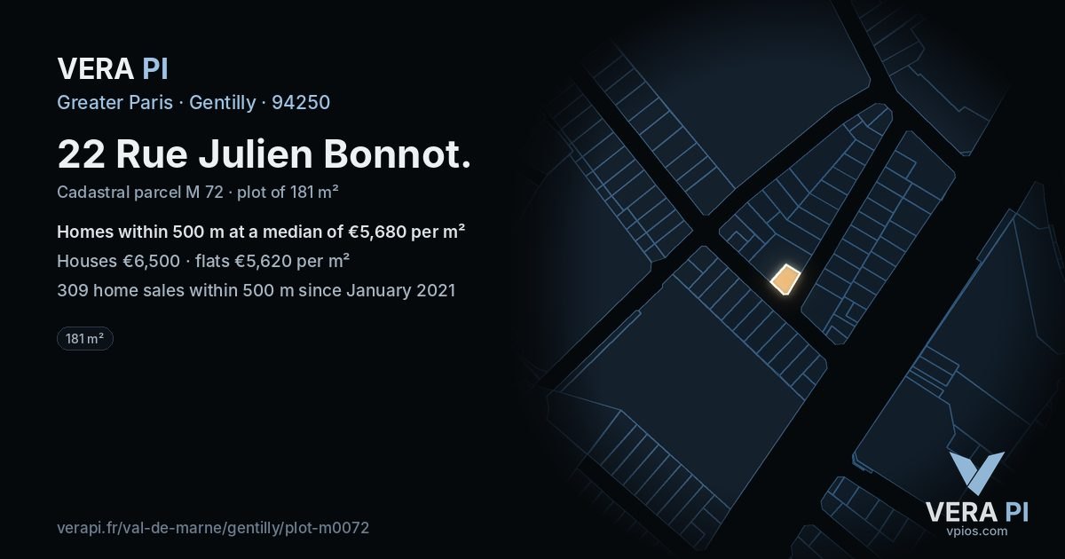 22 Rue Julien Bonnot, Gentilly at night – the plot lit, the parcels around coloured by the prices near them