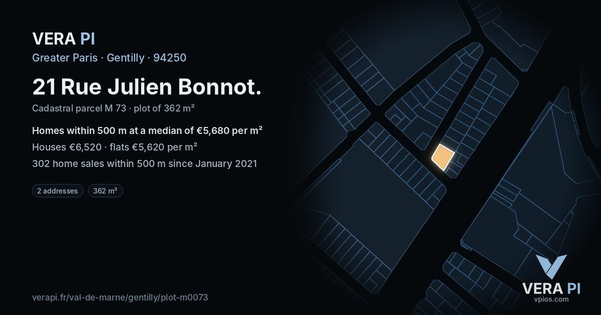 21 Rue Julien Bonnot, Gentilly at night – the plot lit, the parcels around coloured by the prices near them