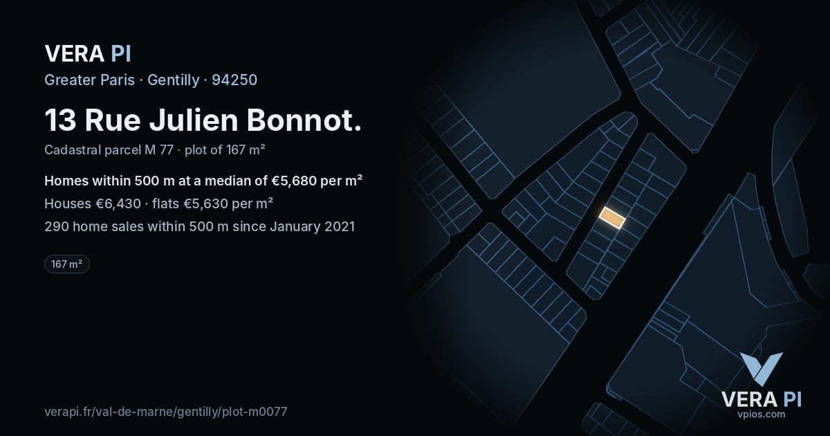 13 Rue Julien Bonnot, Gentilly at night – the plot lit, the parcels around coloured by the prices near them