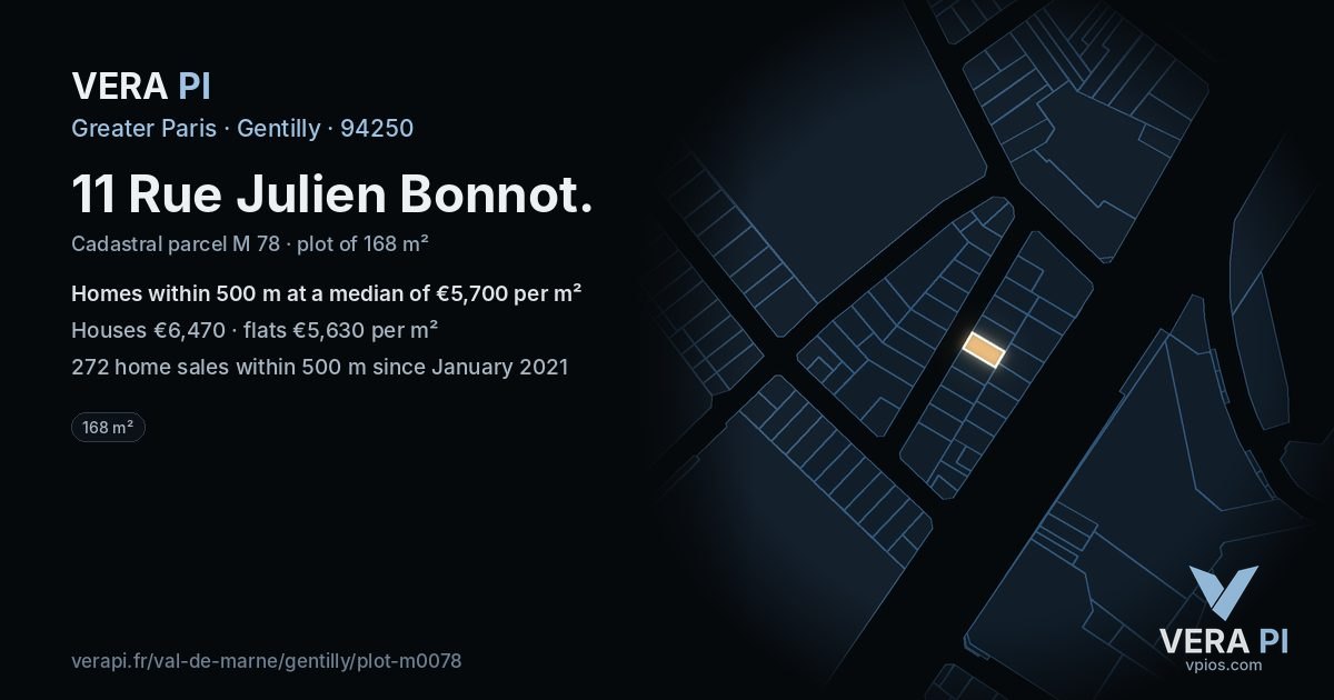 11 Rue Julien Bonnot, Gentilly at night – the plot lit, the parcels around coloured by the prices near them
