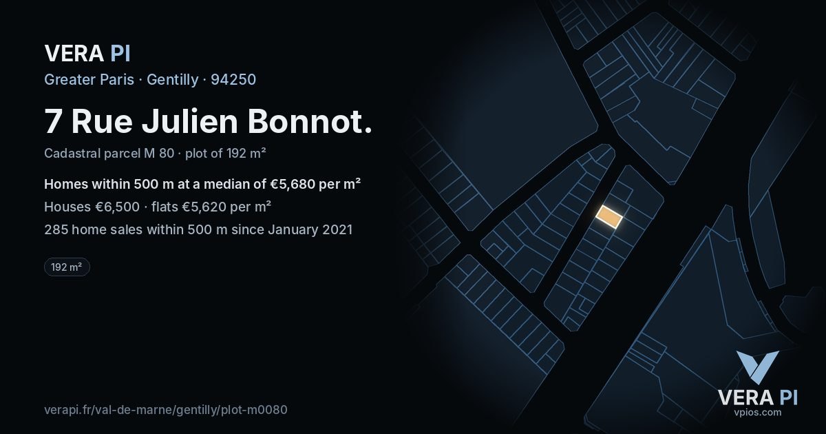7 Rue Julien Bonnot, Gentilly at night – the plot lit, the parcels around coloured by the prices near them