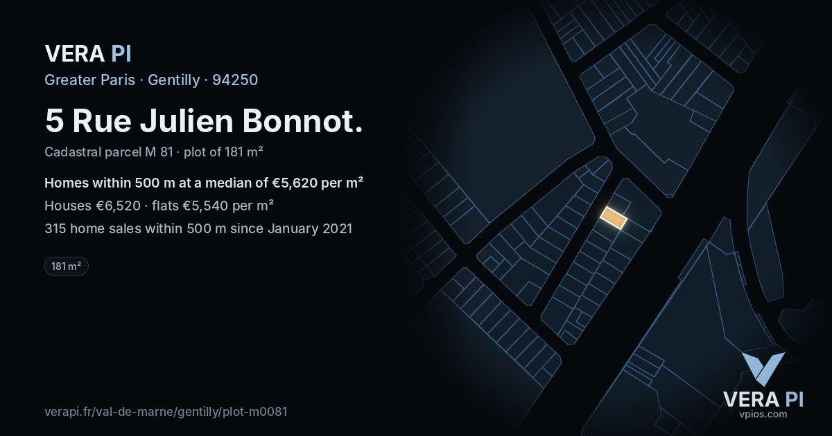 5 Rue Julien Bonnot, Gentilly at night – the plot lit, the parcels around coloured by the prices near them